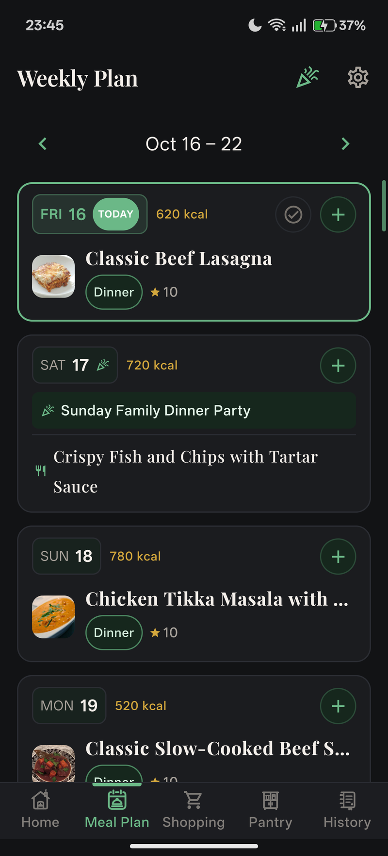7-Day Meal Calendar & Real Life Events (Dark Mode)