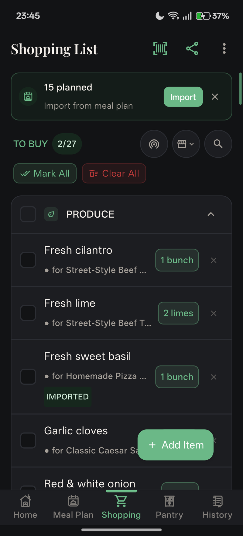 Connected Grocery Checklist Screen (Dark)