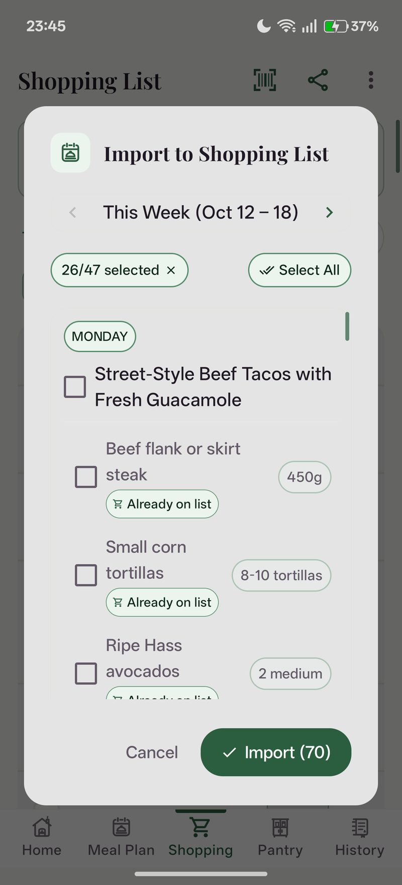 Import to Grocery List Dialog
